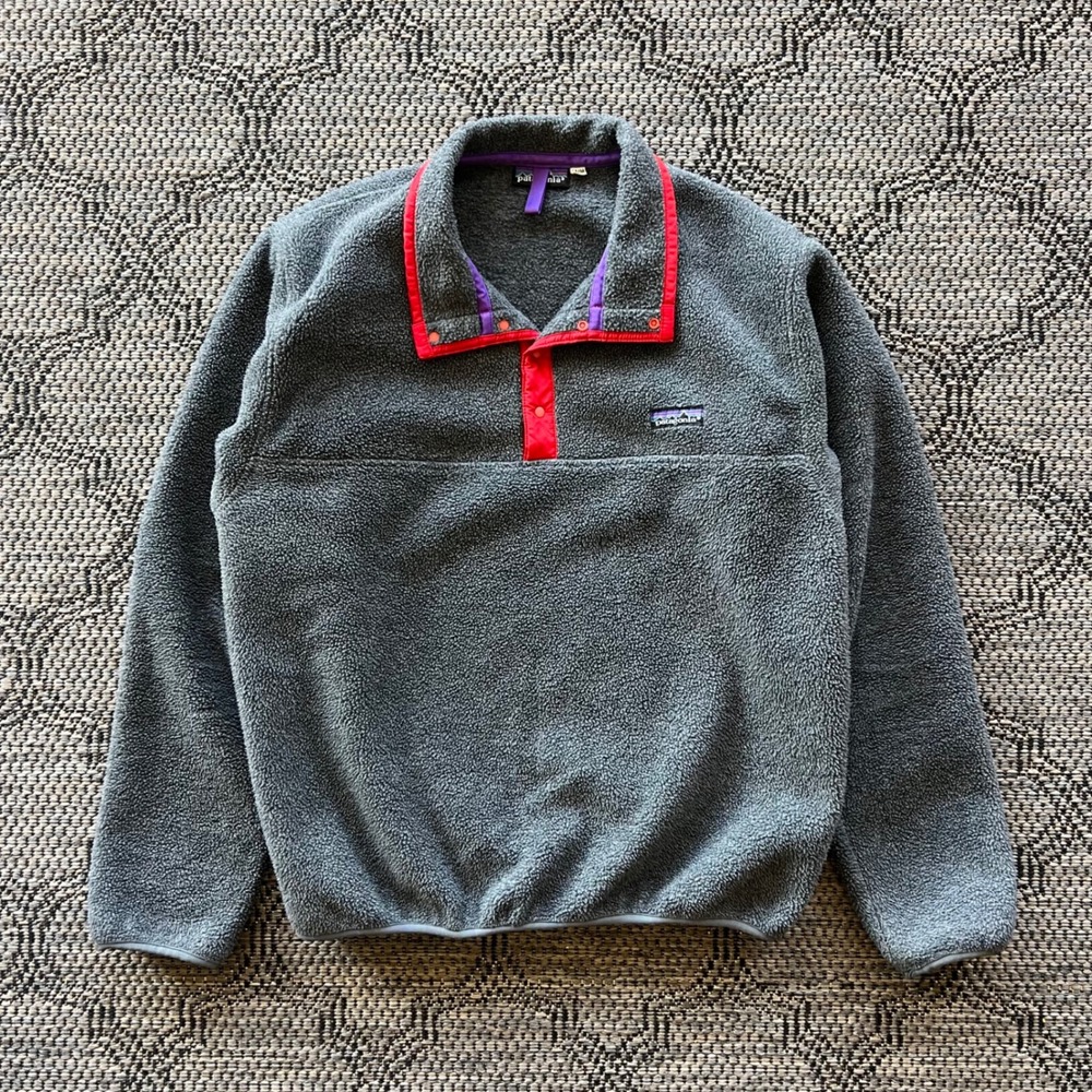 Vintage Patagonia Synchilla Sweatshirt Mens Medium Grey Red Snap-T Fleece 80s